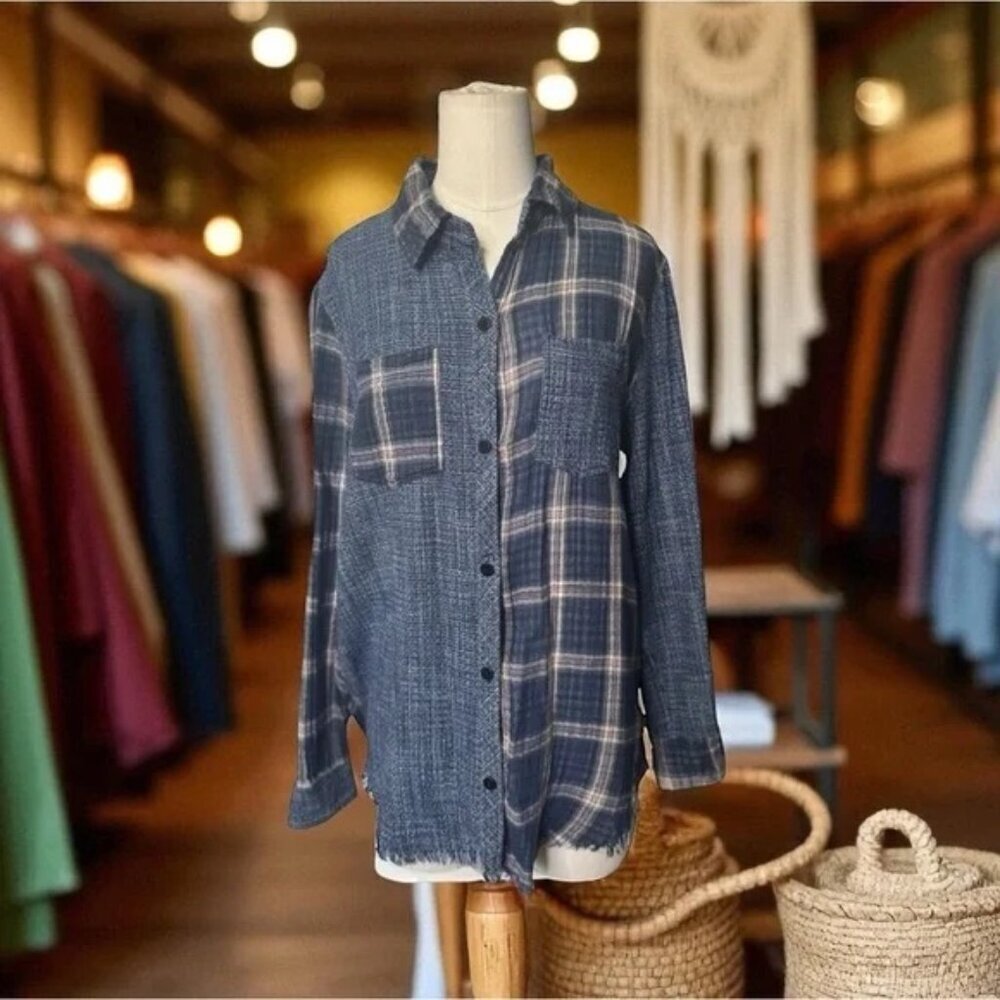 ANTHROPOLOGIE Artisan De Luxe Women L Button Shirt Flannel Plaid Mix Split Multi - Picture 1 of 7